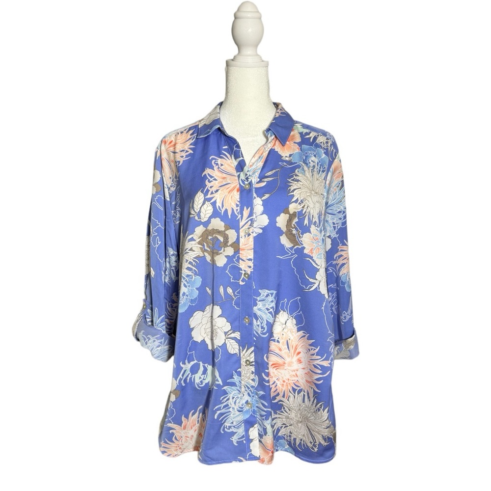 Chico's 3/4/Long Sleeve Floral Print Button-Front Blouse- Size 2 - Size 12/14